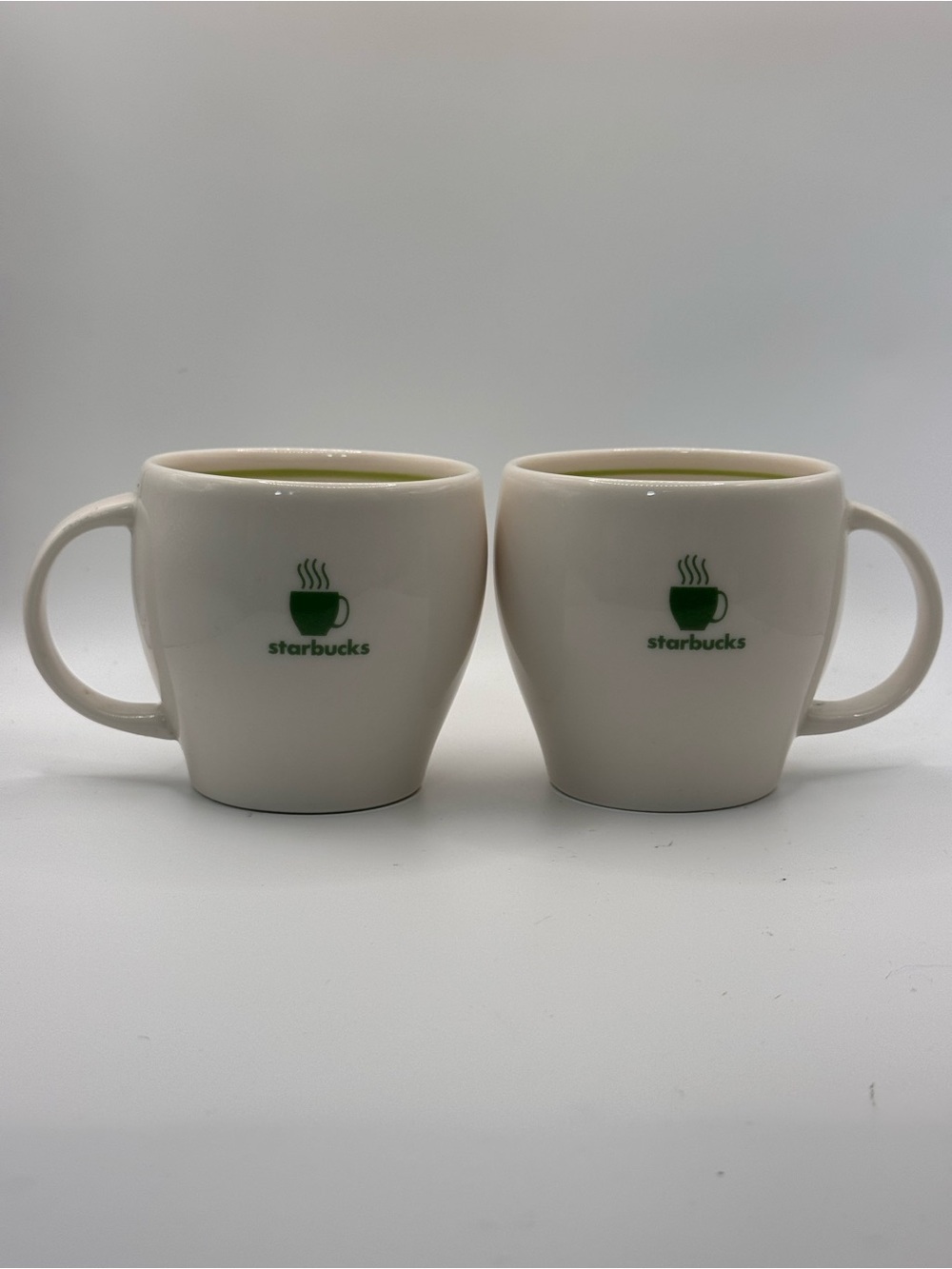 Set of 2 Starbucks 2003 Green Rimmed Abbey Barista Espresso Mugs. 8 fl oz.